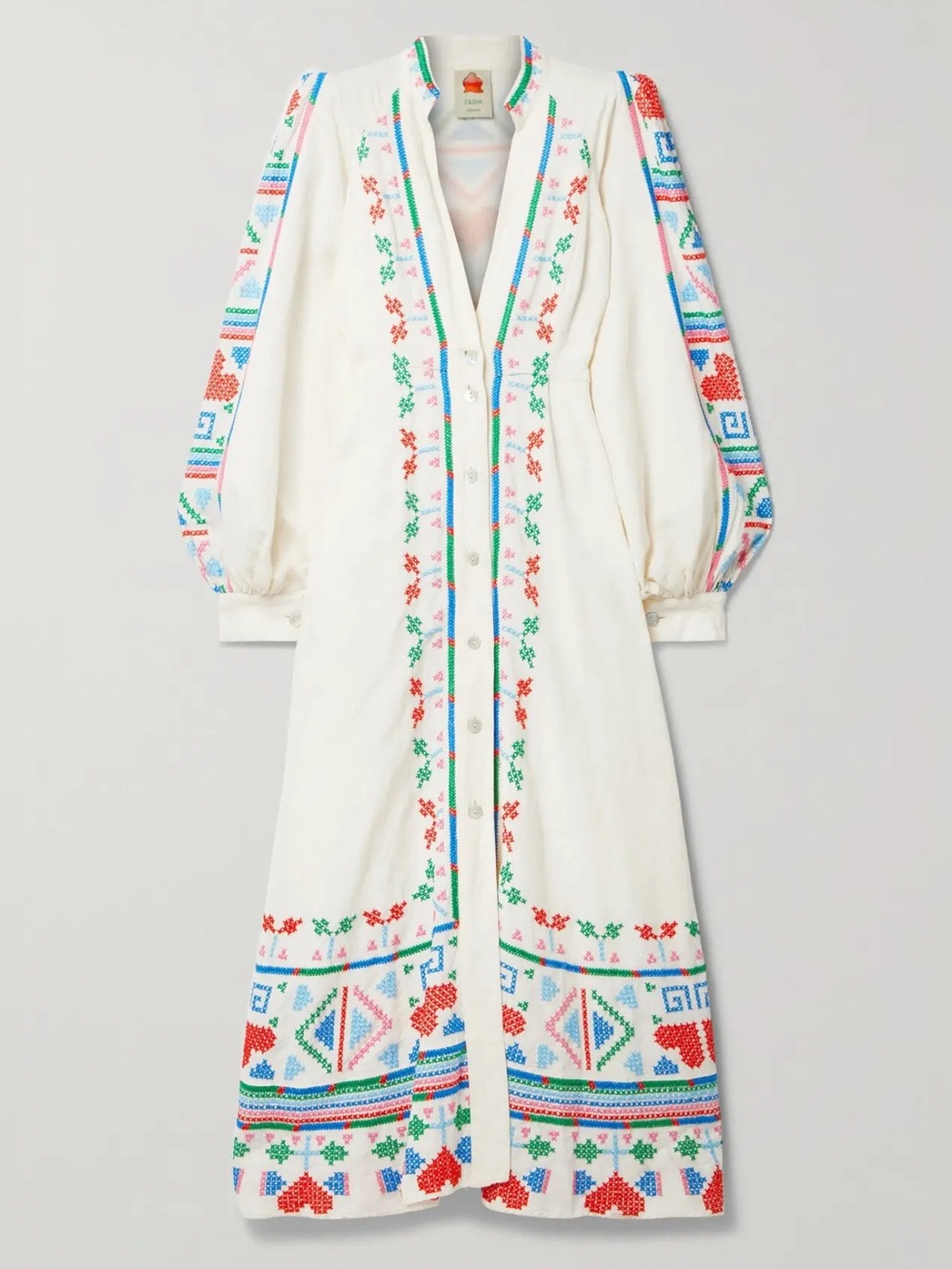 Farm Rio Embroidered Linen-Blend Maxi Dress